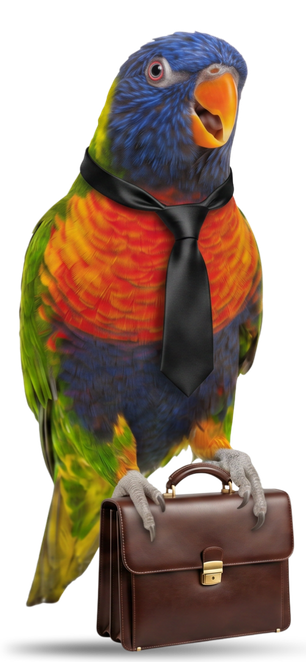 Parakeet mascot standing on a briefcase