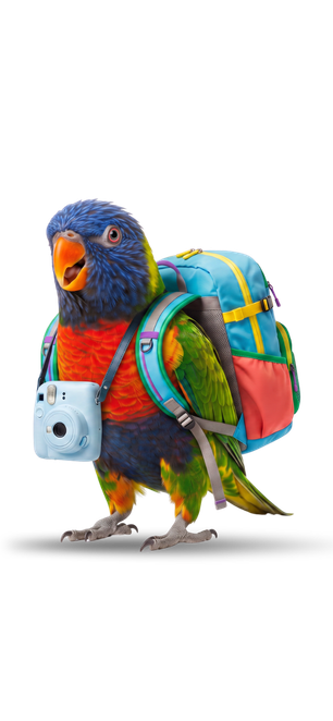 Parakeet mascot with backpack
