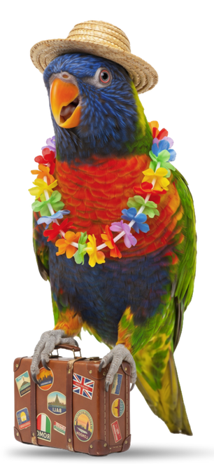 Parakeet mascot with suitcase