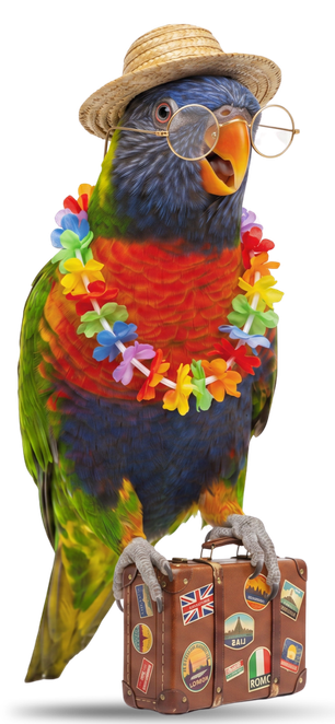 Parakeet mascot standing on a suitcase